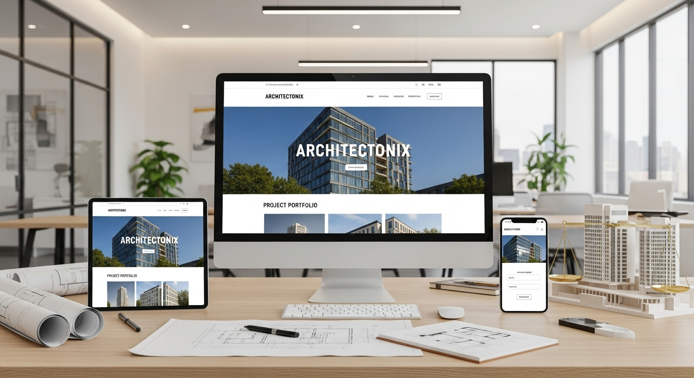 Professional architecture firm website example showing responsive design across desktop, tablet, and mobile devices