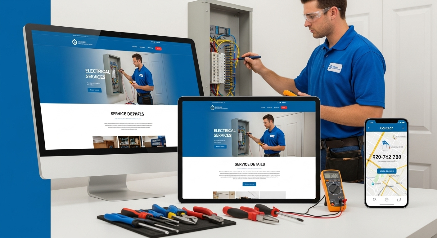 Professional electrical services website example showing responsive design across desktop, tablet, and mobile devices