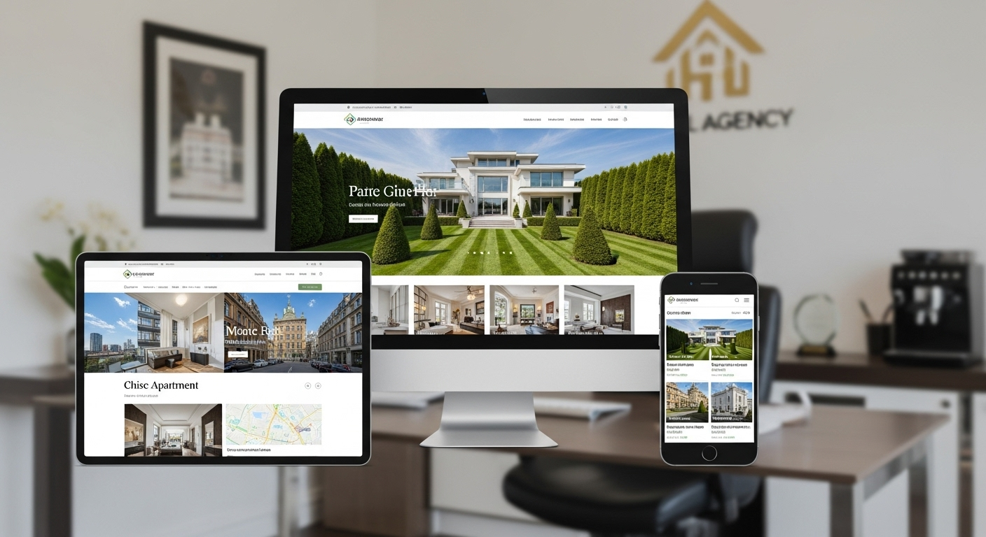 Professional estate agency website example showing responsive design across desktop, tablet, and mobile devices