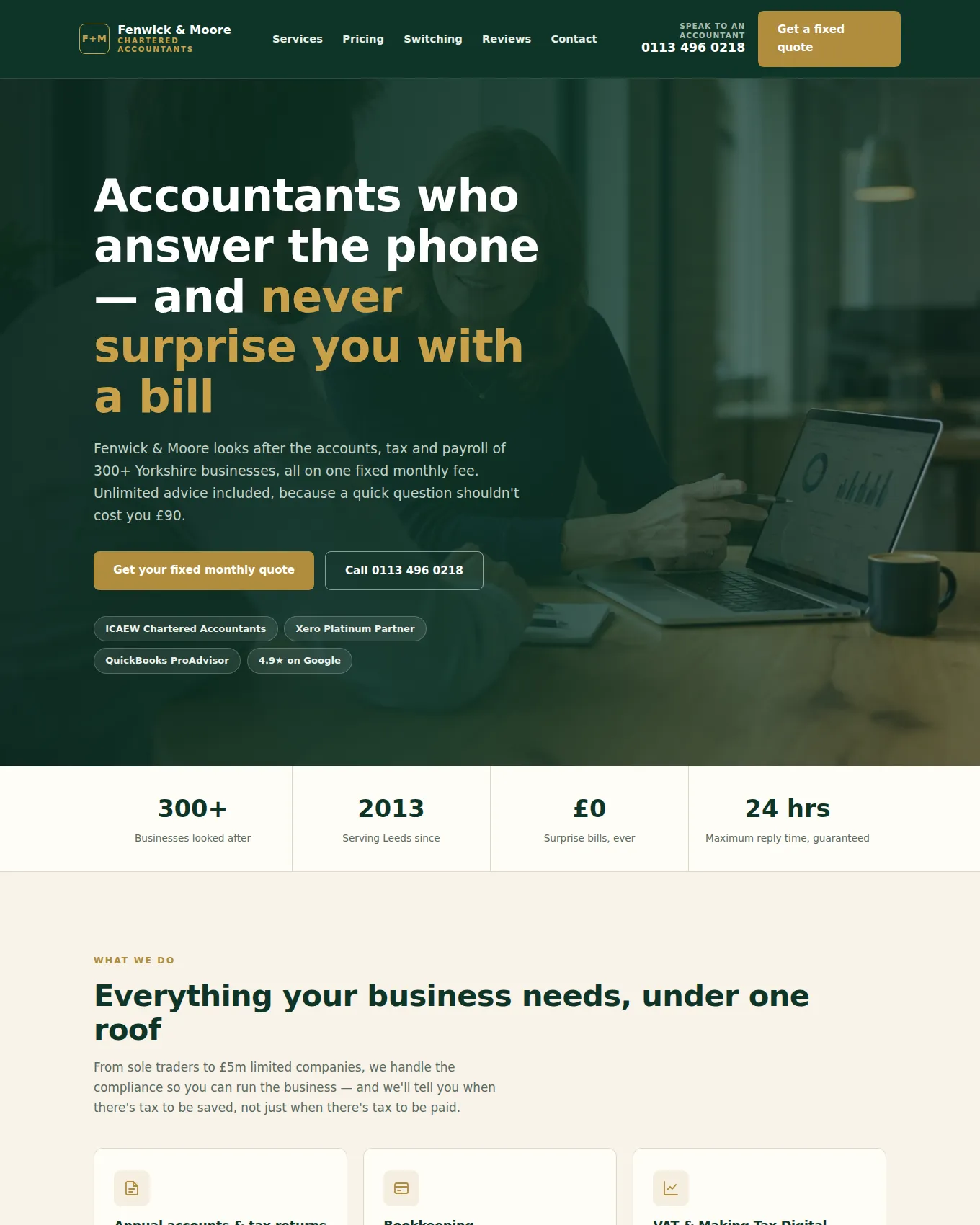 Homepage of Fenwick & Moore Chartered Accountants, an example website built by George for an Accountancy Firm