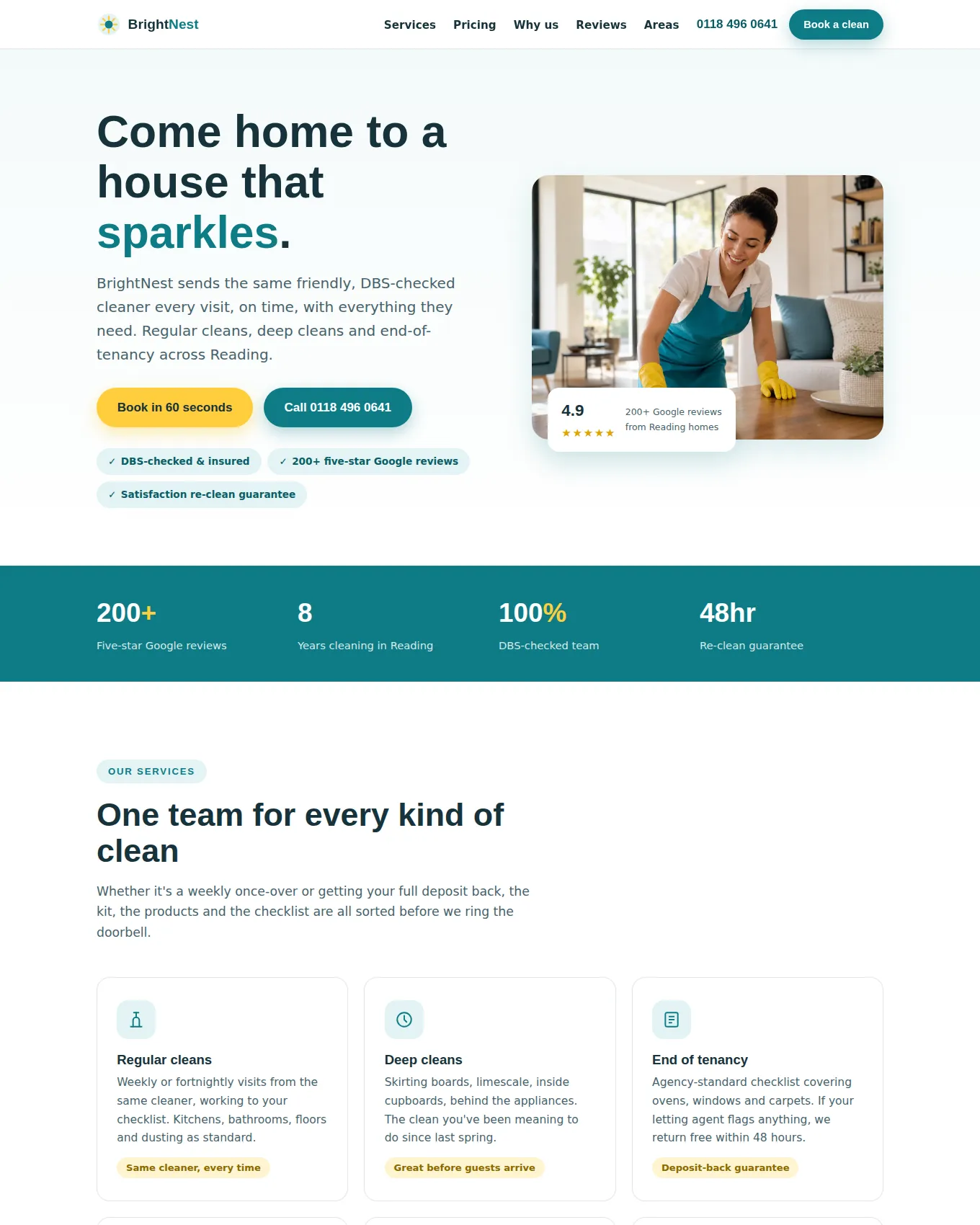 Homepage of BrightNest Cleaning, an example website built by George for a Cleaning Company