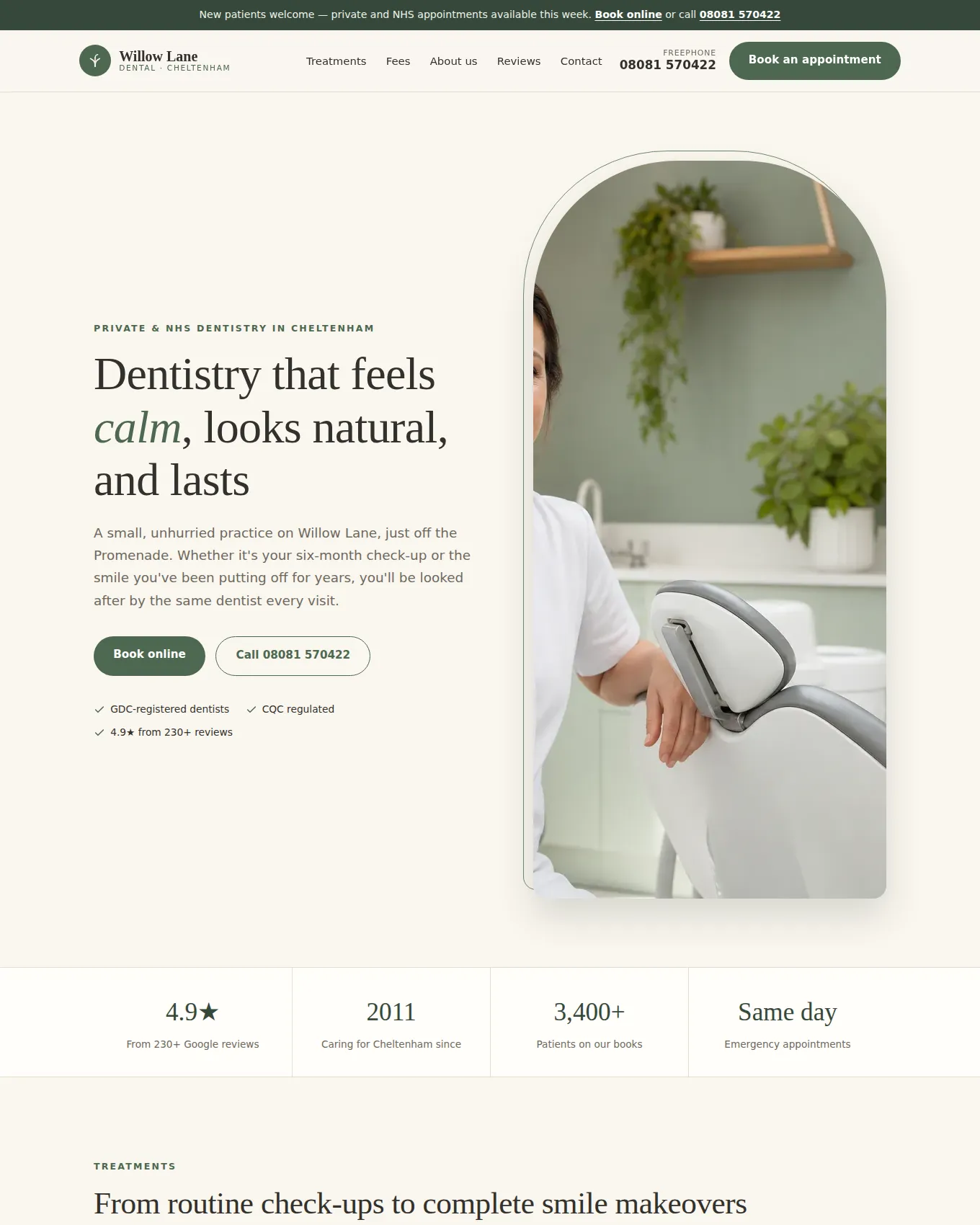 Homepage of Willow Lane Dental, an example website built by George for a Dental Practice