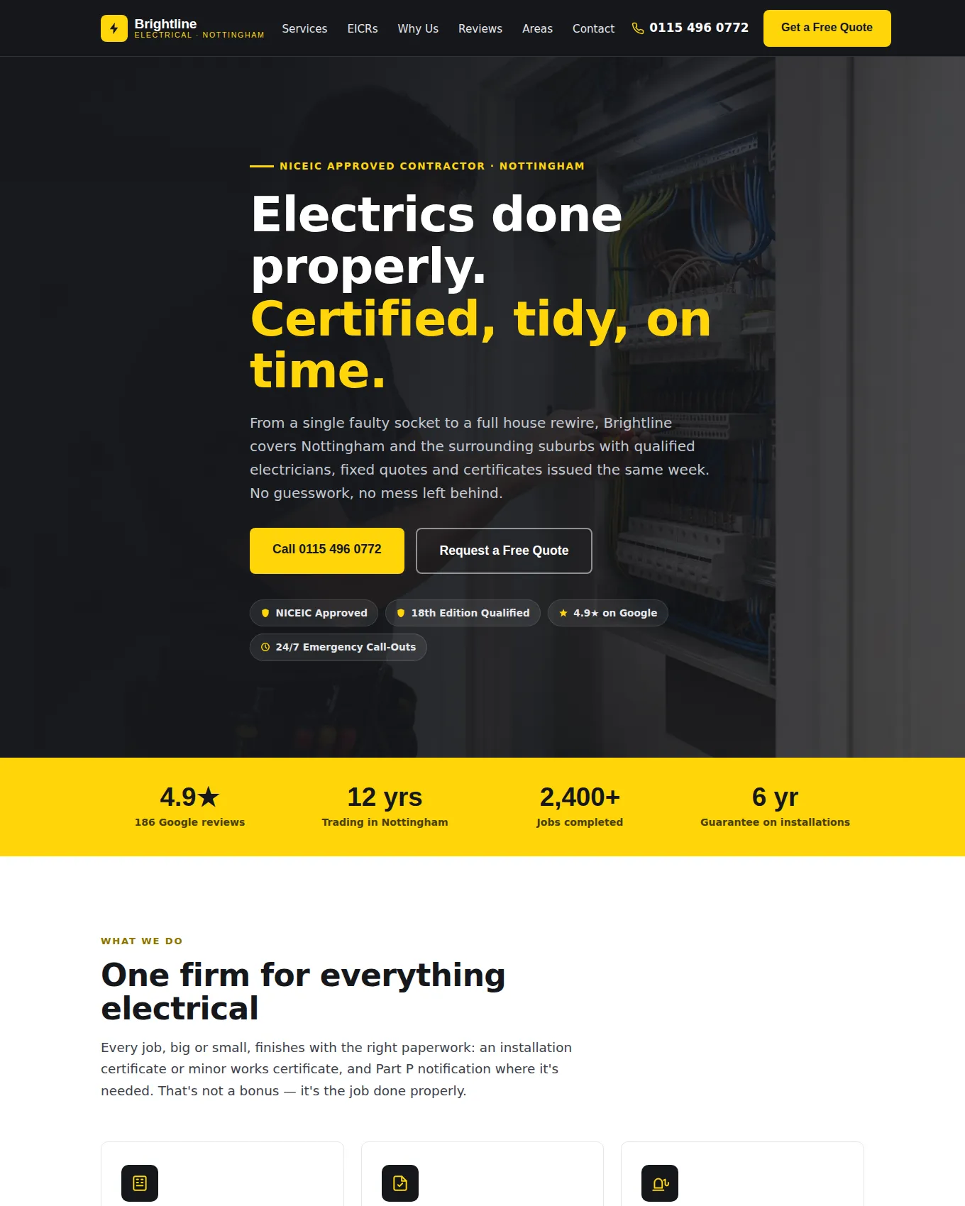 Homepage of Brightline Electrical, an example website built by George for an Electrical Contractor