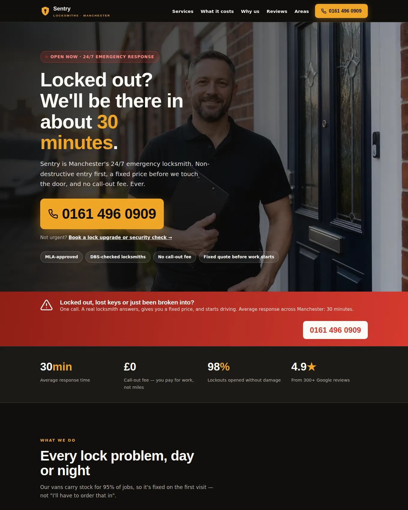 Homepage of Sentry Locksmiths, an example website built by George for a Locksmith