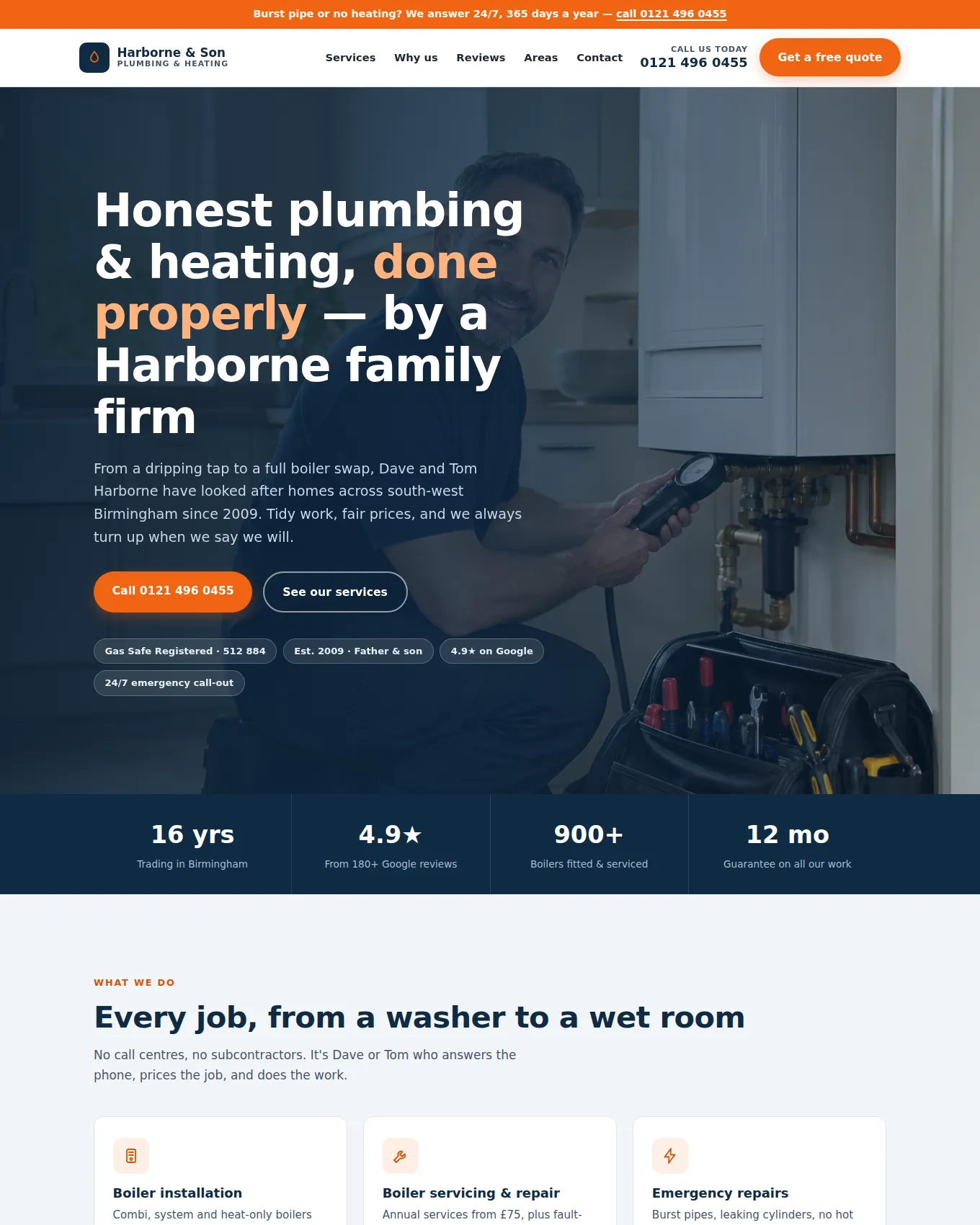 Homepage of Harborne & Son Plumbing & Heating, an example website built by George for a Plumbing & Heating Firm