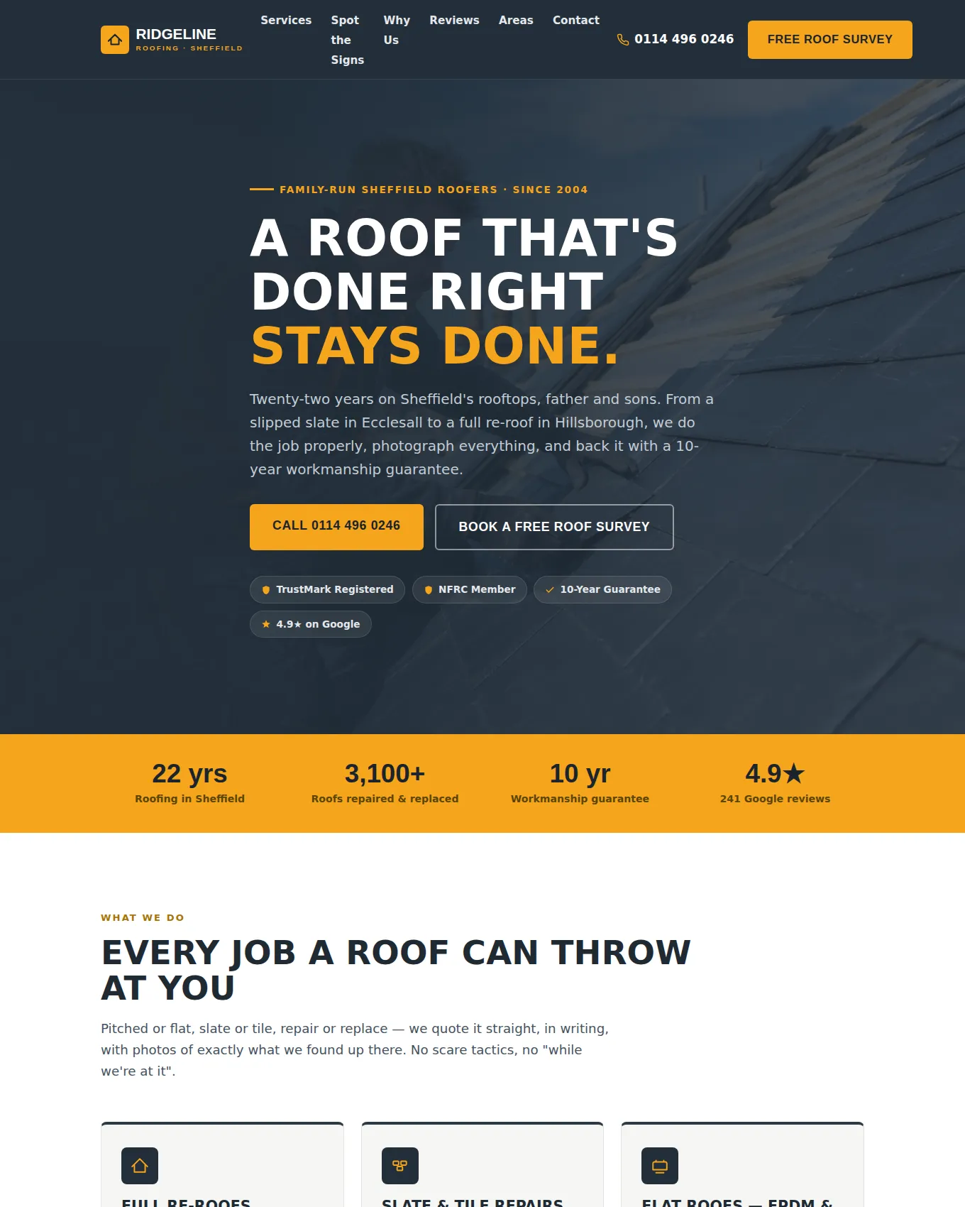Homepage of Ridgeline Roofing, an example website built by George for a Roofing Company