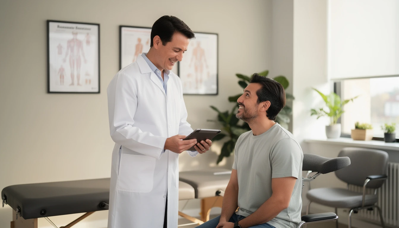 Professional chiropractor consulting with patient in modern clinic