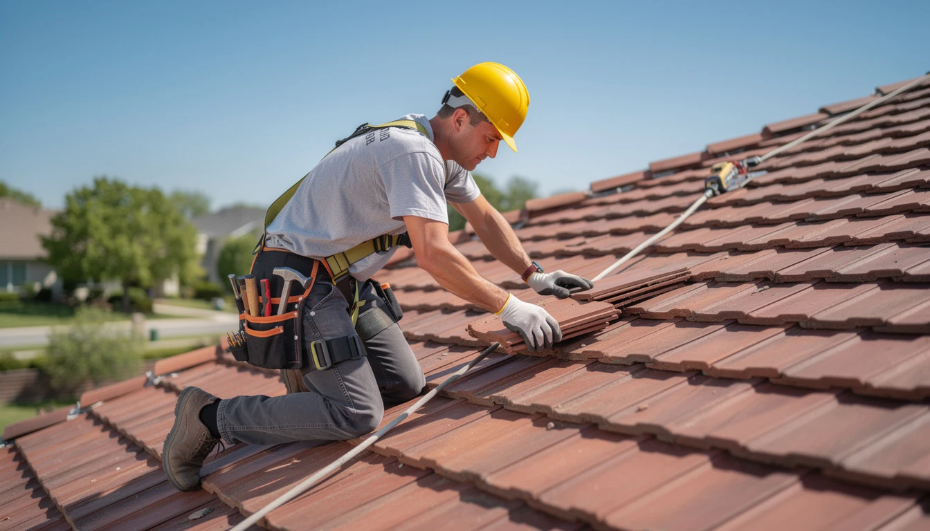 Professional roofer working on roof with safety equipment