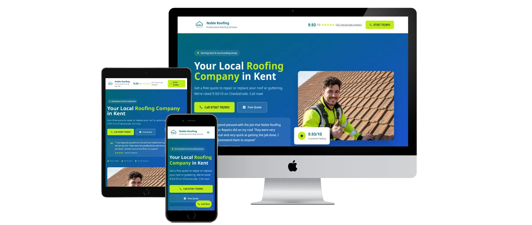 Professional website example showing Noble Roofing responsive design across desktop, tablet, and mobile devices