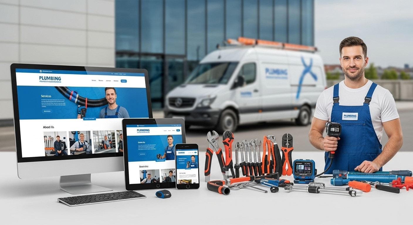 Professional plumbing business website example showing responsive design across desktop, tablet, and mobile devices