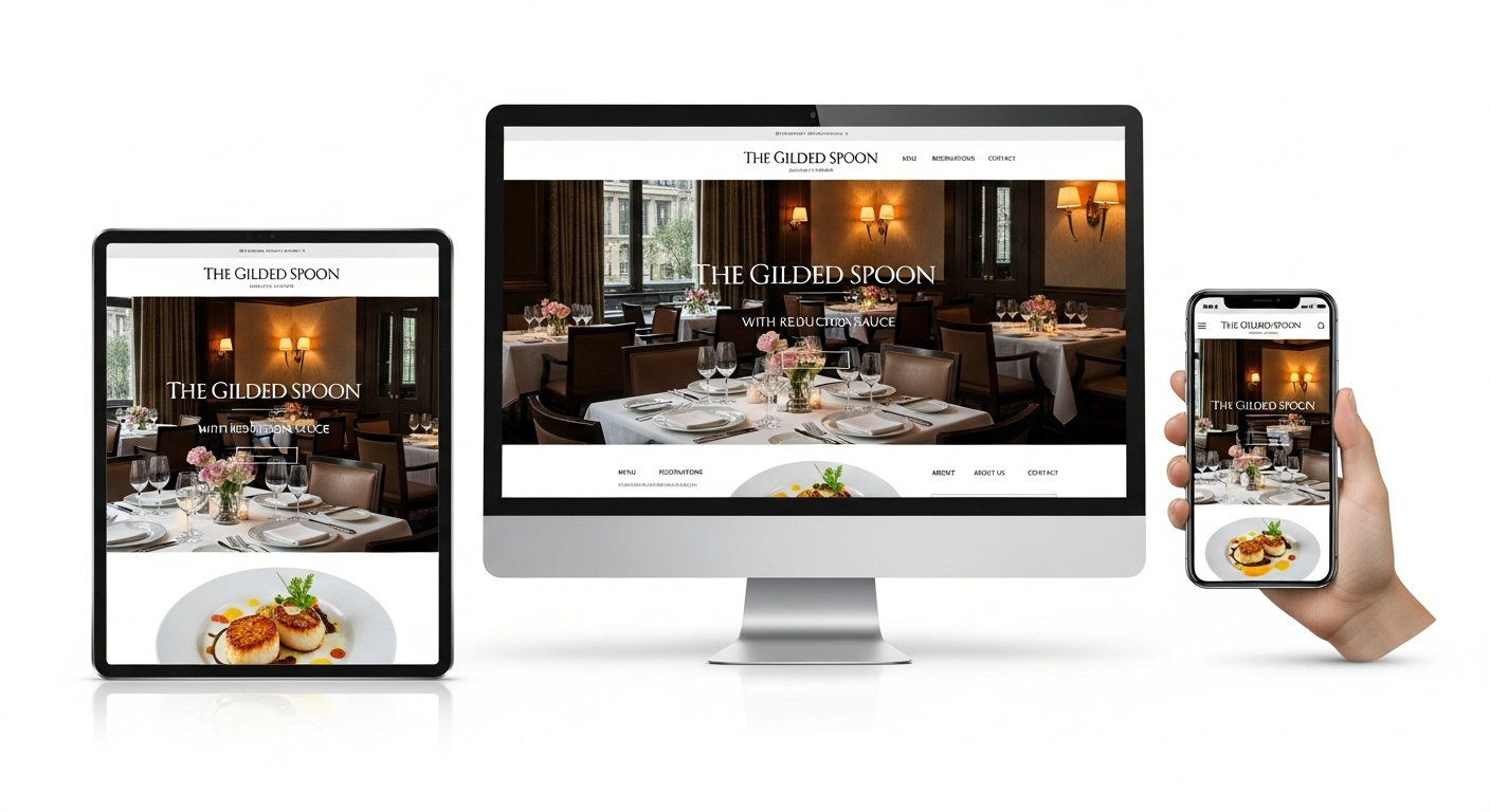 Professional restaurant website example showing responsive design across desktop, tablet, and mobile devices