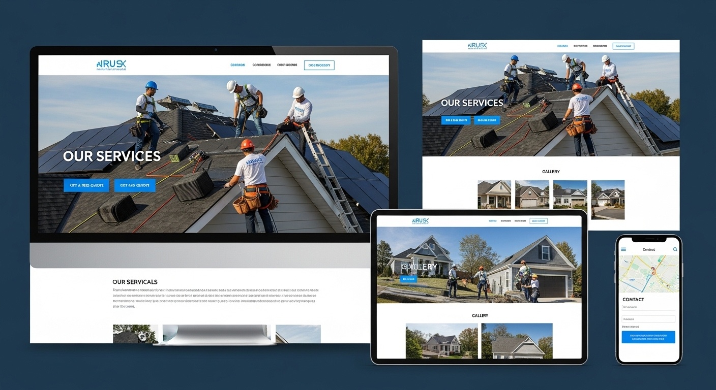 Professional roofing company website example showing responsive design across desktop, tablet, and mobile devices
